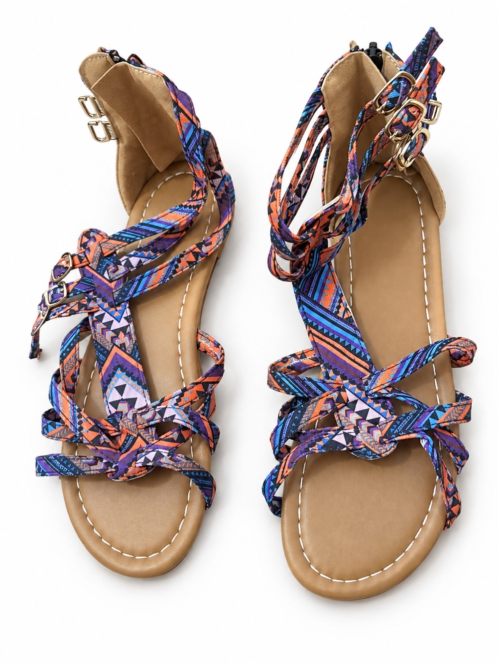 Strappy Aztec Print Gladiator Sandals - Blue/Orange